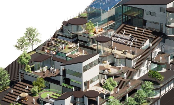 Communal housing complex with layered terraces and shared spaces