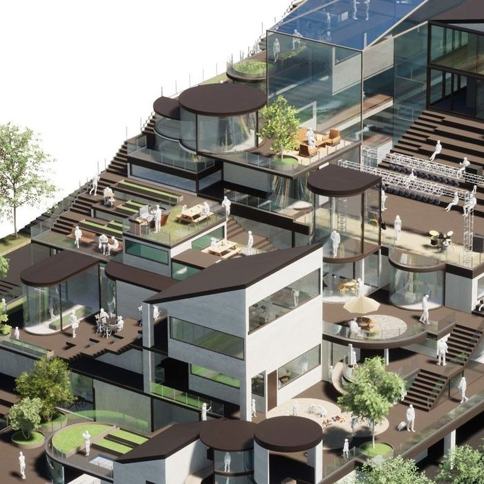 Housing proposal with communal activity spaces, terraces and dwellings across several levels