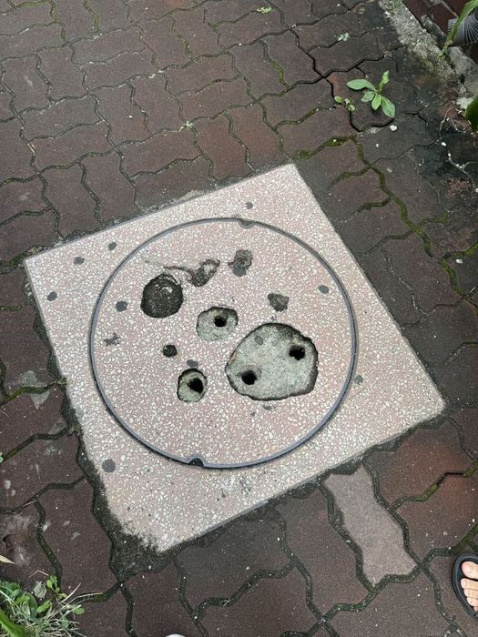 A face-like pattern on a pavement cover